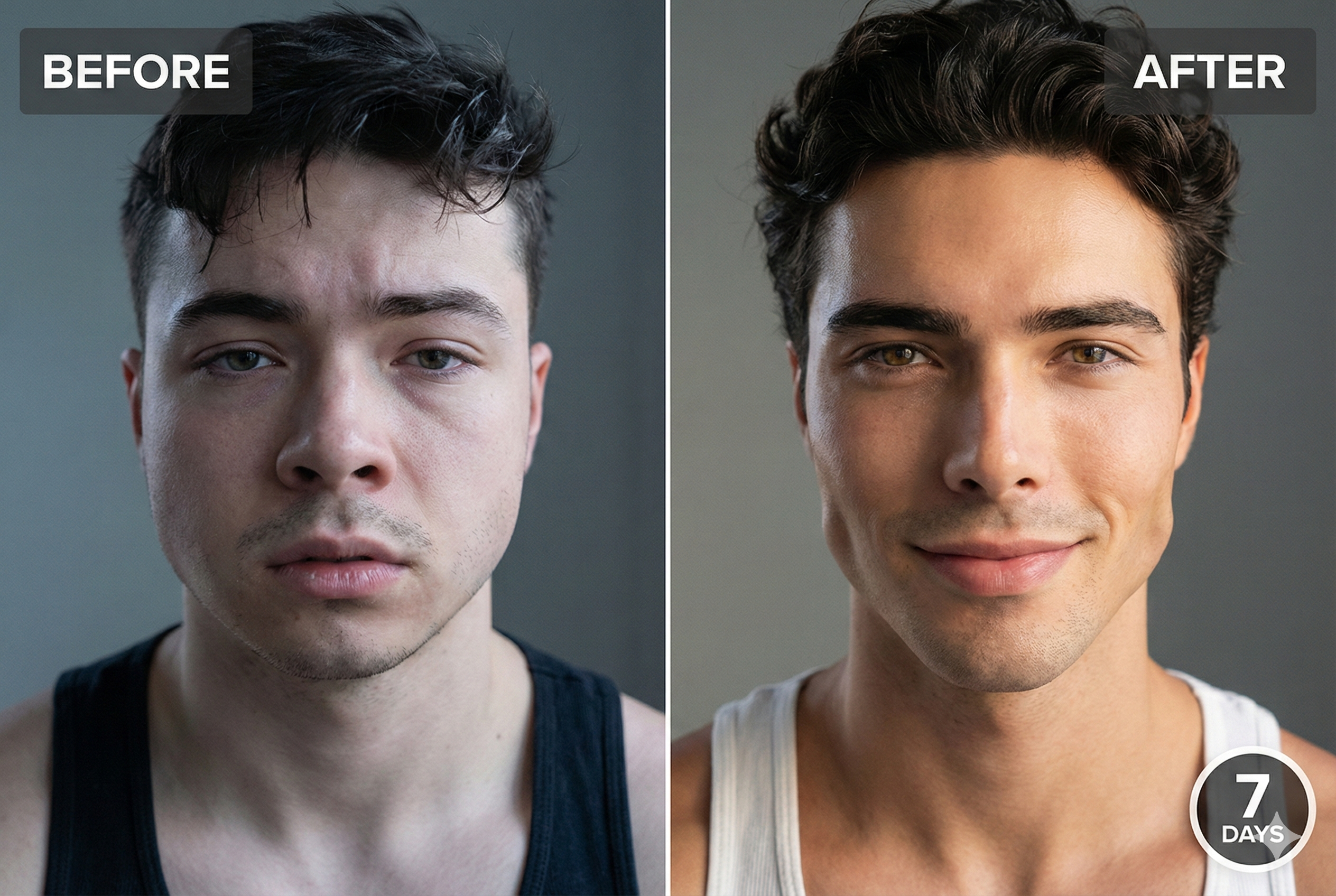 Before and after facial debloating transformation